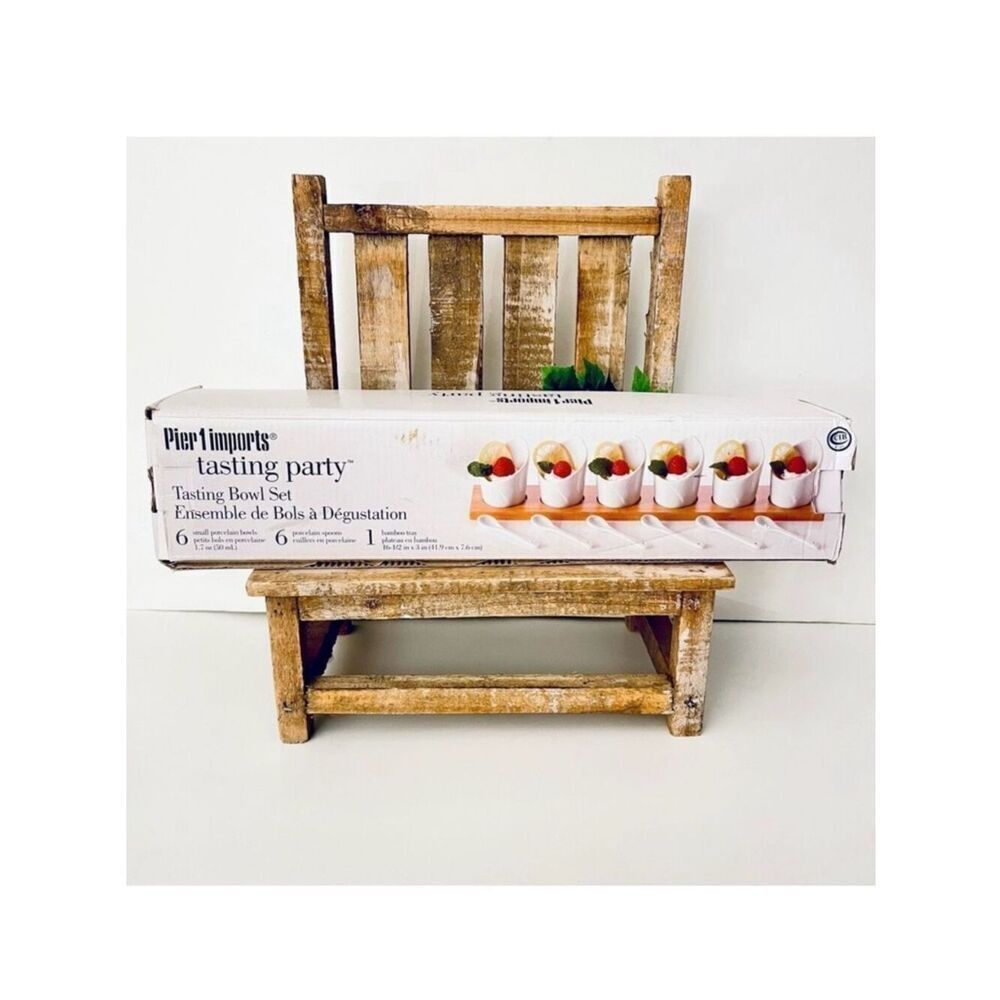 NWT Pier1Imports White Porcelain & Wood 13 Pc Tasting Party Bowl Set Spoons Tray